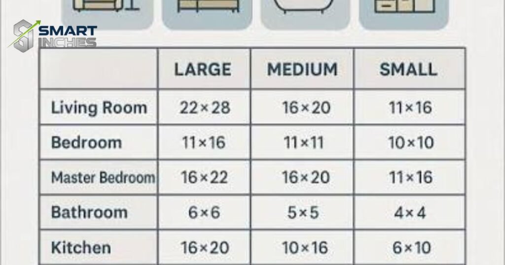 Standard room size chart infographic.